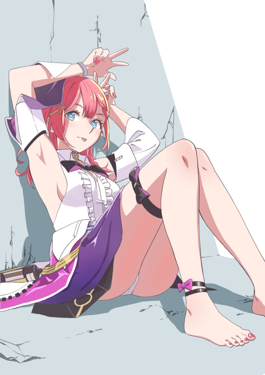 1girl, :p, armpits, arms_up, asta_(honkai:_star_rail), barefoot, blue_eyes, breasts, commentary_request, detached_sleeves, feet, female_focus, fingernails, foot_out_of_frame, highres, honkai:_star_rail, honkai_(series), knees_together_feet_apart, knees_up, long_hair, looking_at_viewer, medium_breasts, nail_polish, panties, pink_hair, purple_skirt, red_nails, shirt, sideboob, skirt, sleeveless, sleeveless_shirt, solo, takkun_(takkun20), thigh_strap, thighs, toenails, toes, tongue, tongue_out, underwear, white_panties, white_shirt
