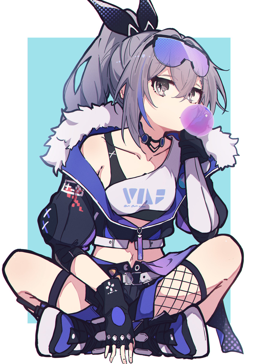 1girl, absurdres, aitekku, asymmetrical_legwear, belt, black_bra, black_gloves, blowing_bubble_gum