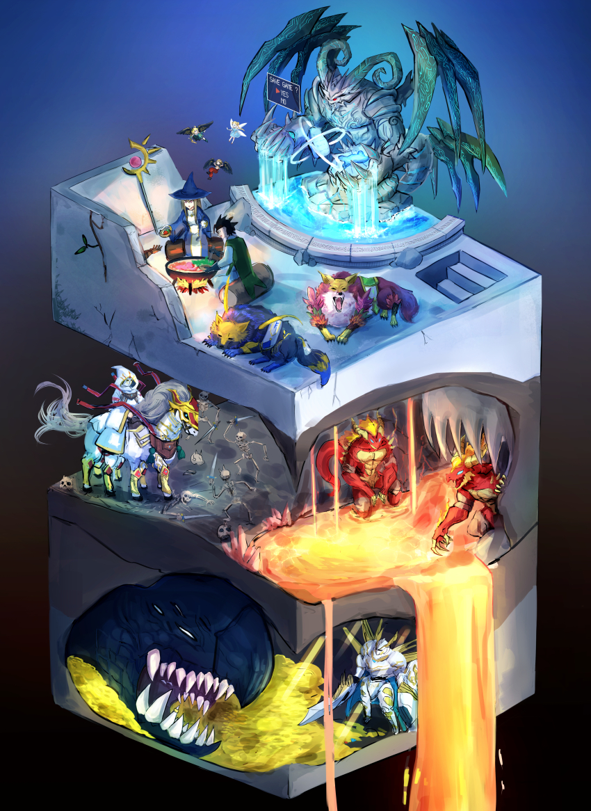 3girls, 4boys, absurdres, armor, barding, black_wings, bowl, cross-section, demon, duel_monster, everyone, fairy, feathered_wings, fire, fountain, freki_the_runick_fangs, full_armor, geri_the_runick_fangs, gloves, gold, hat, hatano_kiyoshi, highres, holding, holding_bowl, holding_shield, holding_sword, holding_weapon, hood, horse, horseback_riding, hotpot, hugin_the_runick_wings, mask, lava, monster, multiple_boys, multiple_girls, munin_the_runick_wings, riding, robe, runick_allure, runick_dispelling, runick_flashing_fire, runick_fountain, runick_slumber, shield, skeleton, sleipnir_the_runick_mane, staff, stairs, statue, sword, wading, weapon, wings, witch, witch_hat, wolf, yawning, yu-gi-oh!