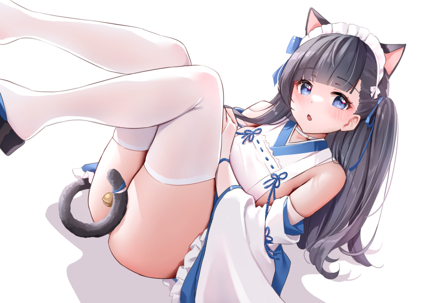 1girl, absurdres, animal_ears, azur_lane, bell, black_hair, blue_eyes, blush, cat_ears, cat_girl, classic_(zildjian33), detached_sleeves, hair_ribbon, hatsuharu_(azur_lane), hatsuharu_(hatsuharu's_cat_cafe_caper)_(azur_lane), highres, japanese_clothes, jingle_bell, knees_together_feet_apart, long_hair, looking_at_viewer, lying, maid, nontraditional_miko, official_alternate_costume, open_mouth, platform_footwear, ribbon, sandals, shelf, tail, tail_bell, convenient_tail, tail_ornament, two_side_up, wa_maid, white_background, white_sleeves, zouri