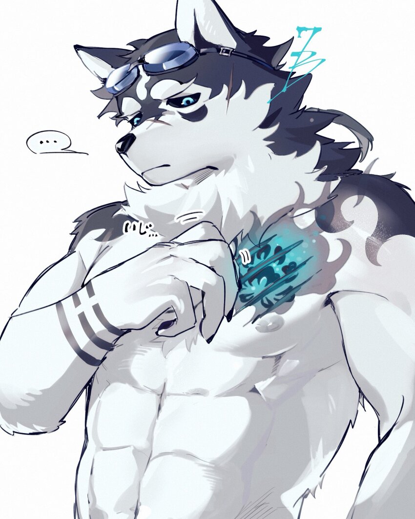 ..., 1boy, abs, animal_ears, bara, black_sclera, blue_eyes, colored_sclera