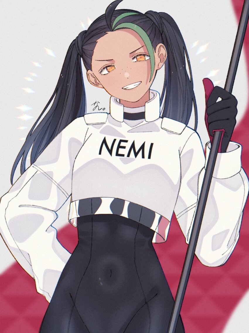 1girl, ahoge, alternate_costume, alternate_hairstyle, black_bodysuit, black_gloves, black_hair, bodysuit, commentary_request, covered_navel, freckles, gloves, goodsmile_company, goodsmile_racing, grin, hand_up, head_tilt, highres, holding, jacket, kanro_149, long_hair, long_sleeves, multicolored_hair, nemona_(pokemon), nintendo, orange_eyes, pokemon, pokemon_scarlet_and_violet, smile, solo, teeth, twintails, two-tone_hair, white_jacket