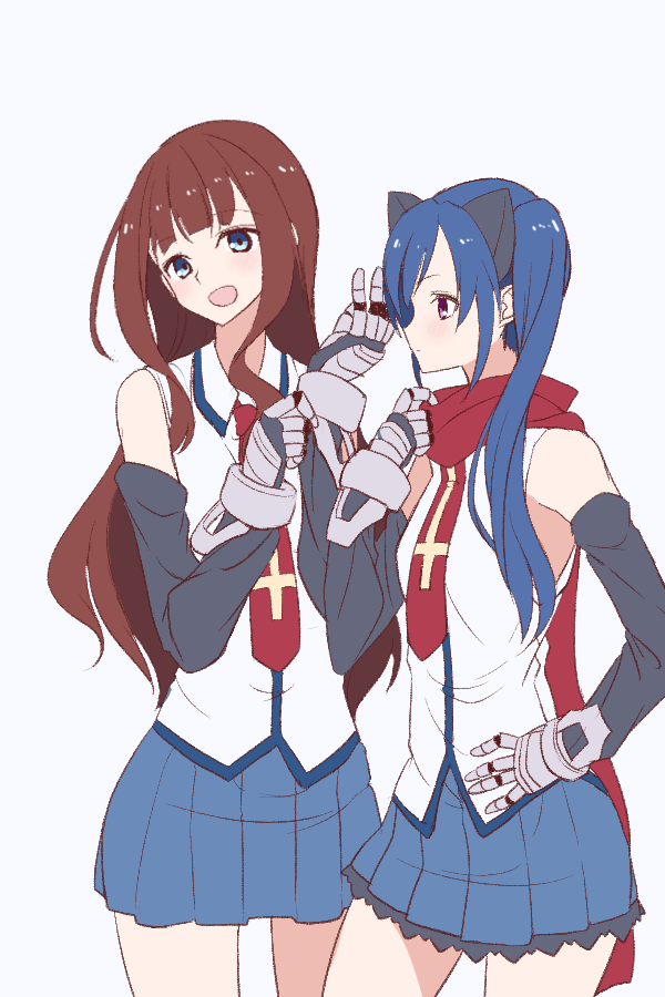 2girls, adjusting_clothes, adjusting_gloves, adjusting_scarf, assault_lily, black_gloves, blue_eyes, blue_hair