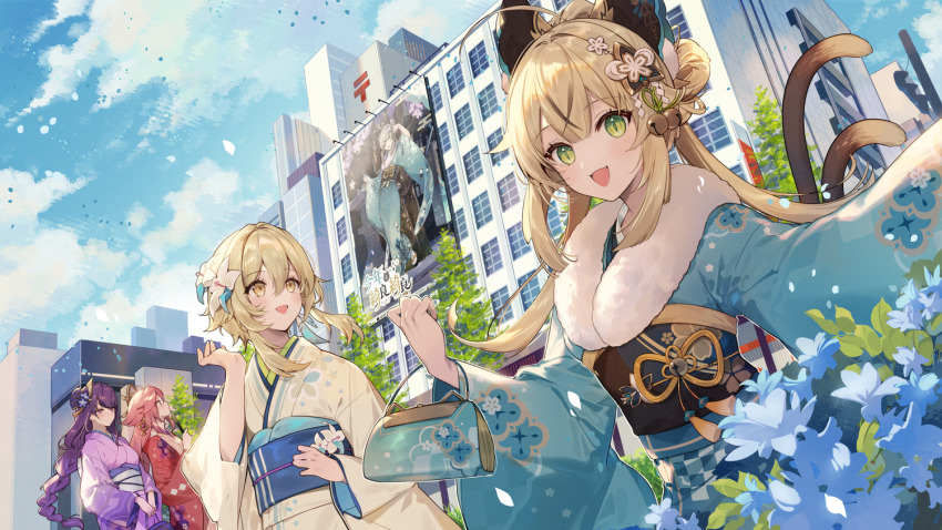 4girls, alternate_costume, bag, bell, blonde_hair, blue_bag, blue_flower, blue_kimono