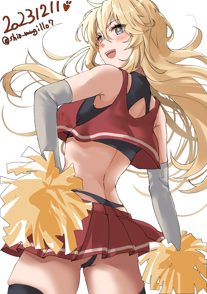 1girl, absurdres, ass, bare_shoulders, black_panties, blue_eyes, breasts, cheerleader, cowboy_shot, crop_top, dated, highres, holding, holding_pom_poms, iowa_(kancolle), kantai_collection, large_breasts, long_hair, looking_at_viewer, midriff, miniskirt, one-hour_drawing_challenge, open_mouth, panties, pom_pom_(cheerleading), pom_poms, shiomugi_(shio_mugi1107), shirt, skirt, sleeveless, smile, solo, twitter_username, underwear, white_background