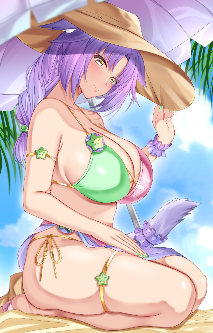 1girl, absurdres, animal_ears, arm_strap, armpit_crease, backboob, bare_shoulders, beach_umbrella
