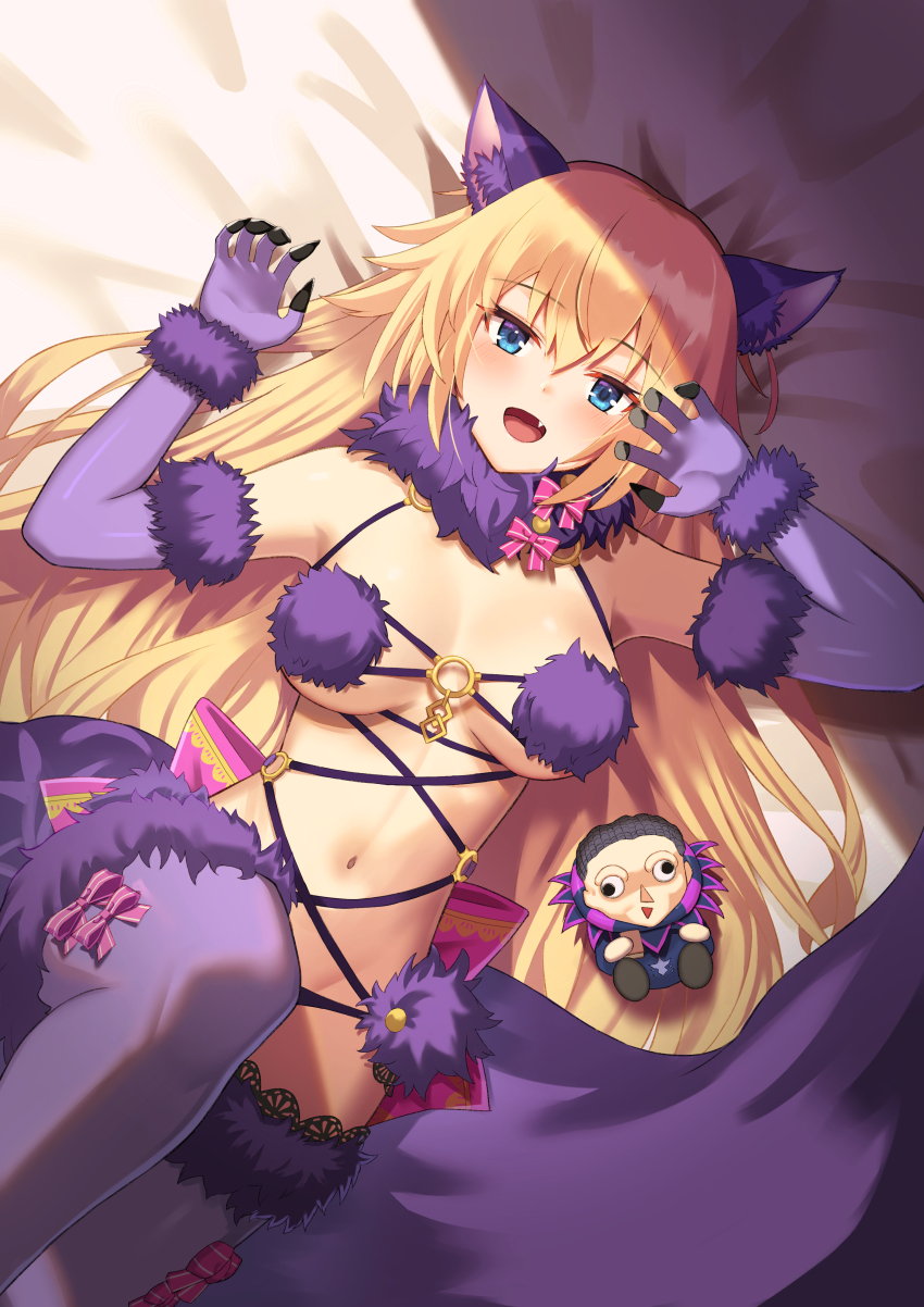 1girl, absurdres, animal_ears, bare_shoulders, black_panties, blonde_hair, blue_eyes, blush, bow, breasts, character_doll, cleavage, cosplay, doll, elbow_gloves, fate/apocrypha, fate/grand_order, fate_(series), fur-trimmed_gloves, fur-trimmed_legwear, fur_collar, fur_trim, gilles_de_rais_(caster)_(fate), gilles_de_rais_(fate), gloves, highres, jeanne_d'arc_(fate), jeanne_d'arc_(ruler)_(fate), lace, lace-trimmed_legwear, lace_trim, large_breasts, long_hair, looking_at_viewer, lying, mash_kyrielight, mash_kyrielight_(dangerous_beast), mash_kyrielight_(dangerous_beast)_(cosplay), motukan, navel, o-ring, on_back, open_mouth, panties, purple_gloves, purple_thighhighs, revealing_clothes, smile, solo, stuffed_toy, tail, thighhighs, underwear, very_long_hair, wolf_ears, wolf_tail