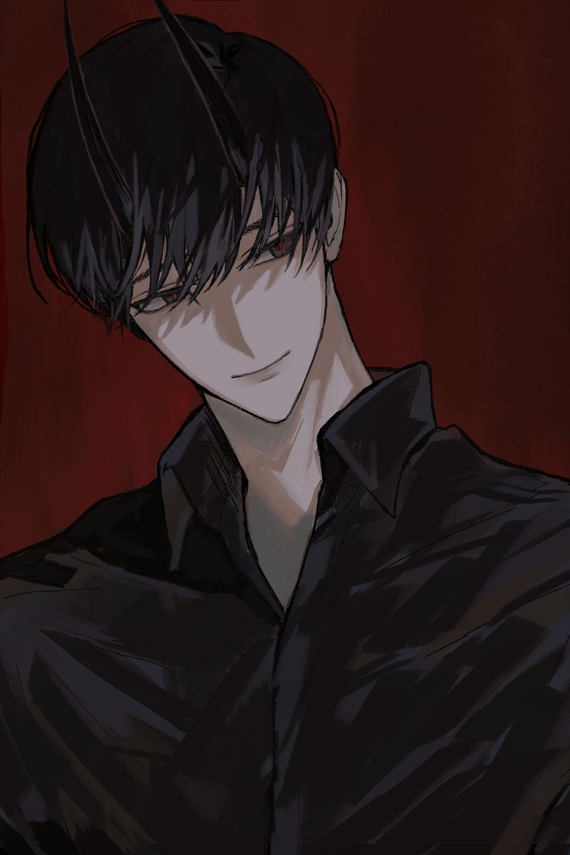1boy, black_eyes, black_hair, black_shirt, closed_mouth, collared_shirt, commentary, demon_horns