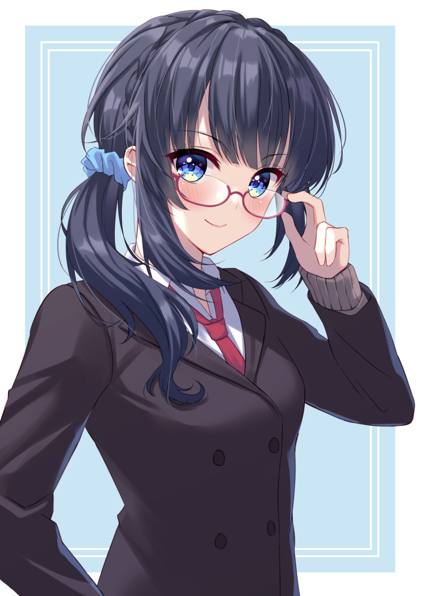 1girl, adjusting_eyewear, black_hair, black_jacket, blue_background, blue_eyes, blue_scrunchie, blunt_bangs