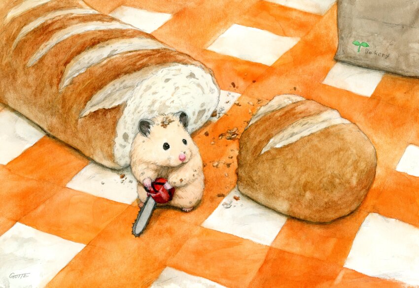 animal, animal_focus, artist_name, bag, baguette, bread, brown_fur, chainsaw