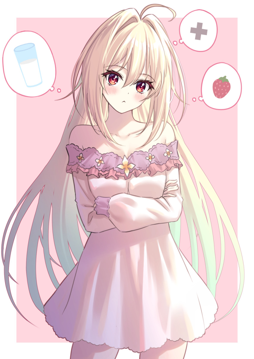 1girl, :<, ahoge, bare_shoulders, blonde_hair, blush, border, breasts, cleavage, closed_mouth, collarbone, commentary, cowboy_shot, crossed_arms, cuckoo_ki, dress, eyelashes, food, fruit, glass, hair_between_eyes, hair_intakes, head_tilt, highres, hikikomari_kyuuketsuki_no_monmon, long_hair, long_sleeves, looking_at_viewer, medium_breasts, milk, off_shoulder, pink_background, pink_dress, red_eyes, sidelighting, sidelocks, simple_background, speech_bubble, standing, straight_hair, strawberry, terakomari_gandezblood, thought_bubble, very_long_hair, white_border