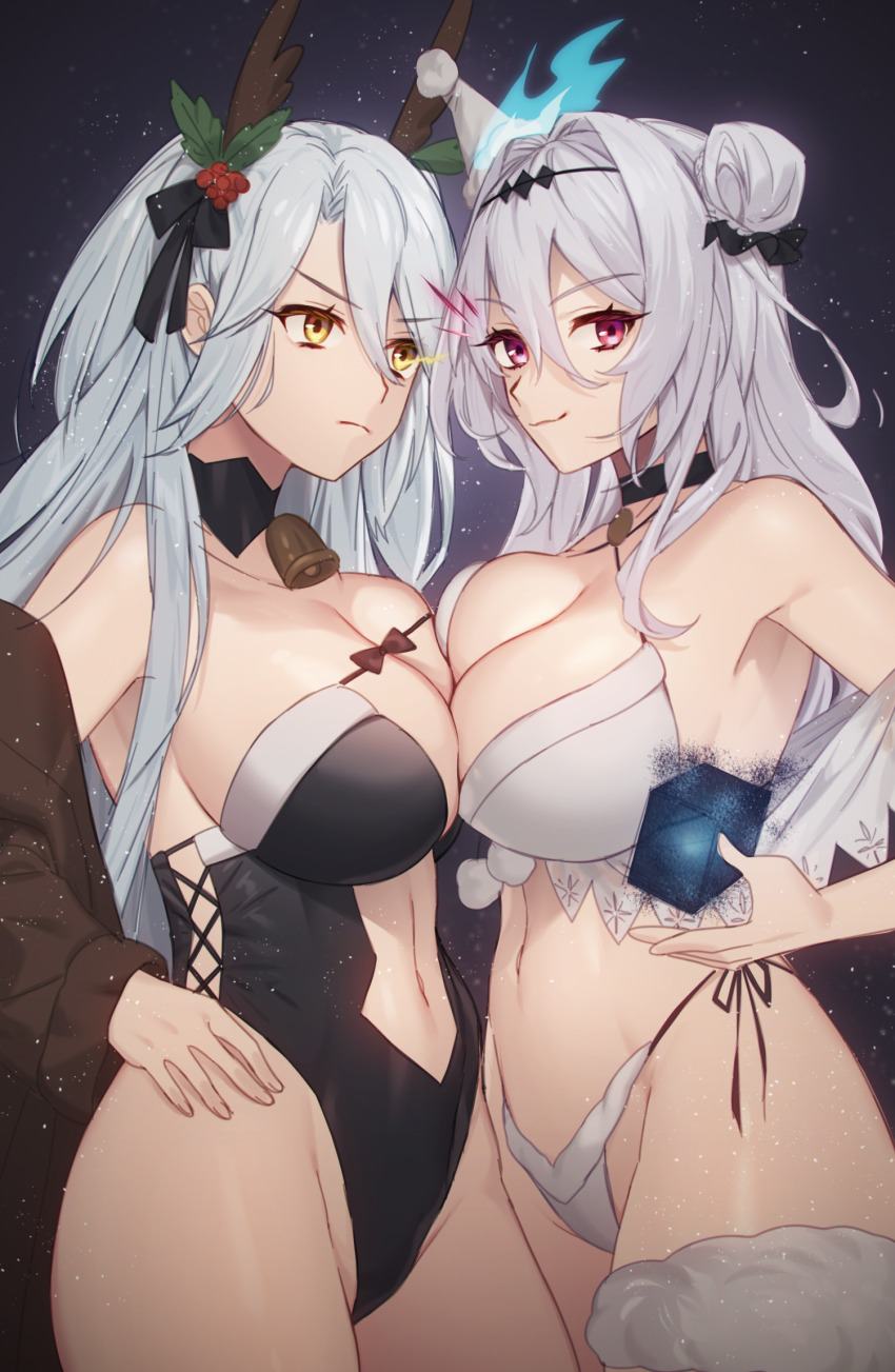 2girls, arbiter_the_empress_iii_(azur_lane), arbiter_the_hermit_ix_(azur_lane), azur_lane, bell, black_choker, breast_press, breasts, choker, closed_mouth, commentary_request, commission, cross-laced_clothes, fake_antlers, floating, floating_object, frown, grey_hair, hair_between_eyes, hand_on_own_hip, highleg, highleg_leotard, highleg_panties, highres, large_breasts, leotard, long_hair, looking_at_another, looking_at_viewer, maitei_roppa, multiple_girls, navel, neck_bell, off_shoulder, panties, pixiv_commission, red_eyes, revealing_clothes, siren_(azur_lane), smile, string_panties, symmetrical_docking, underwear, v-shaped_eyebrows, yellow_eyes