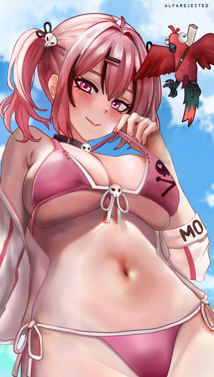1girl, absurdres, alfarejected, artist_name, bikini, bird, black_hair, blush