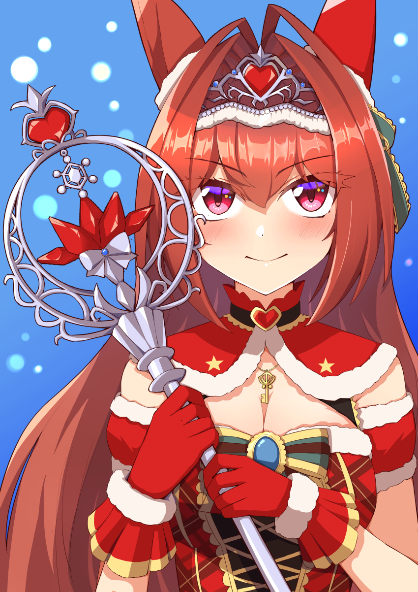 1girl, absurdres, animal_ears, armband, blue_sky, blush, breasts, capelet, cleavage, closed_mouth, commentary_request, daiwa_scarlet_(scarlet_nuit_etoile)_(umamusume), daiwa_scarlet_(umamusume), dress, ear_covers, ear_ornament, fur-trimmed_capelet, fur-trimmed_dress, fur-trimmed_gloves, fur_trim, gloves, hair_intakes, highres, holding, holding_staff, horse_ears, horse_girl, jewelry, key, key_necklace, kotatudogs, large_breasts, long_hair, looking_at_viewer, necklace, official_alternate_costume, official_alternate_hairstyle, red_armband, red_eyes, red_gloves, red_hair, single_ear_cover, sky, smile, snowing, solo, staff, umamusume, upper_body