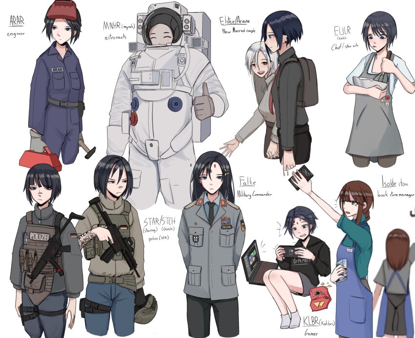 1984_(novel), 6+girls, alternate_universe, apron, ara_(signalis), ariane_yeong, arm_tattoo, arms_behind_back, astronaut, backpack, badge, bag, bandaid, bandaid_on_face, bandaid_on_nose, belt_pouch, black_hair, black_necktie, black_pants, blue_apron, blue_eyes, blue_jumpsuit, blue_pants, book, bowl, brown_hair, bulletproof_vest, closed_eyes, collared_shirt, computer, cooking, doritos, earrings, elster_(signalis), english_text, erika_itou, eule_(signalis), eyeshadow, facial_mark, falke_(signalis), german_flag, green_eyes, grey_apron, gun, h&amp;k_smg_ii, hair_between_eyes, hammer, helmet, highres, holding_hands, humanization, isolde_itou, jacket, jewelry, johndoge_123, jumpsuit, kolibri_(signalis), laptop, laurel_crown, leg_holster, long_hair, makeup, medal, military_jacket, military_uniform, multiple_earrings, multiple_girls, mynah_(signalis), name_tag, necktie, nintendo_switch, pants, pocket, police, police_uniform, policewoman, pouch, prototype_design, red_eyes, red_eyeshadow, ring, shirt, short_hair, shorts, signalis, socks, soldier, space_helmet, spacesuit, star_(signalis), storch_(signalis), submachine_gun, sweater, t-shirt, tattoo, thumbs_up, toolbox, turtleneck, turtleneck_sweater, type-84_drache, unworn_headwear, unworn_helmet, weapon, wedding_ring, welding_mask, whisk, white_hair, white_sweater, wife_and_wife, yuri