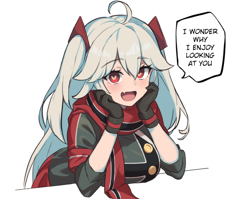 1girl, :d, ahoge, azur_lane, bluecher_(azur_lane), breasts, english_text, fang