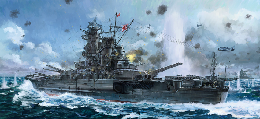 6+boys, airplane, artist_name, battle, battle_of_leyte_gulf, battleship, f6f_hellcat, highres, imperial_japanese_navy, kurokawa_takeshi, military_vehicle, multiple_boys, naval_battle, ocean, propeller_fighter, real_life, rising_sun_flag, ship, sunburst, united_states_navy, vehicle_focus, warship, watercraft, world_war_ii, yamato_(battleship)