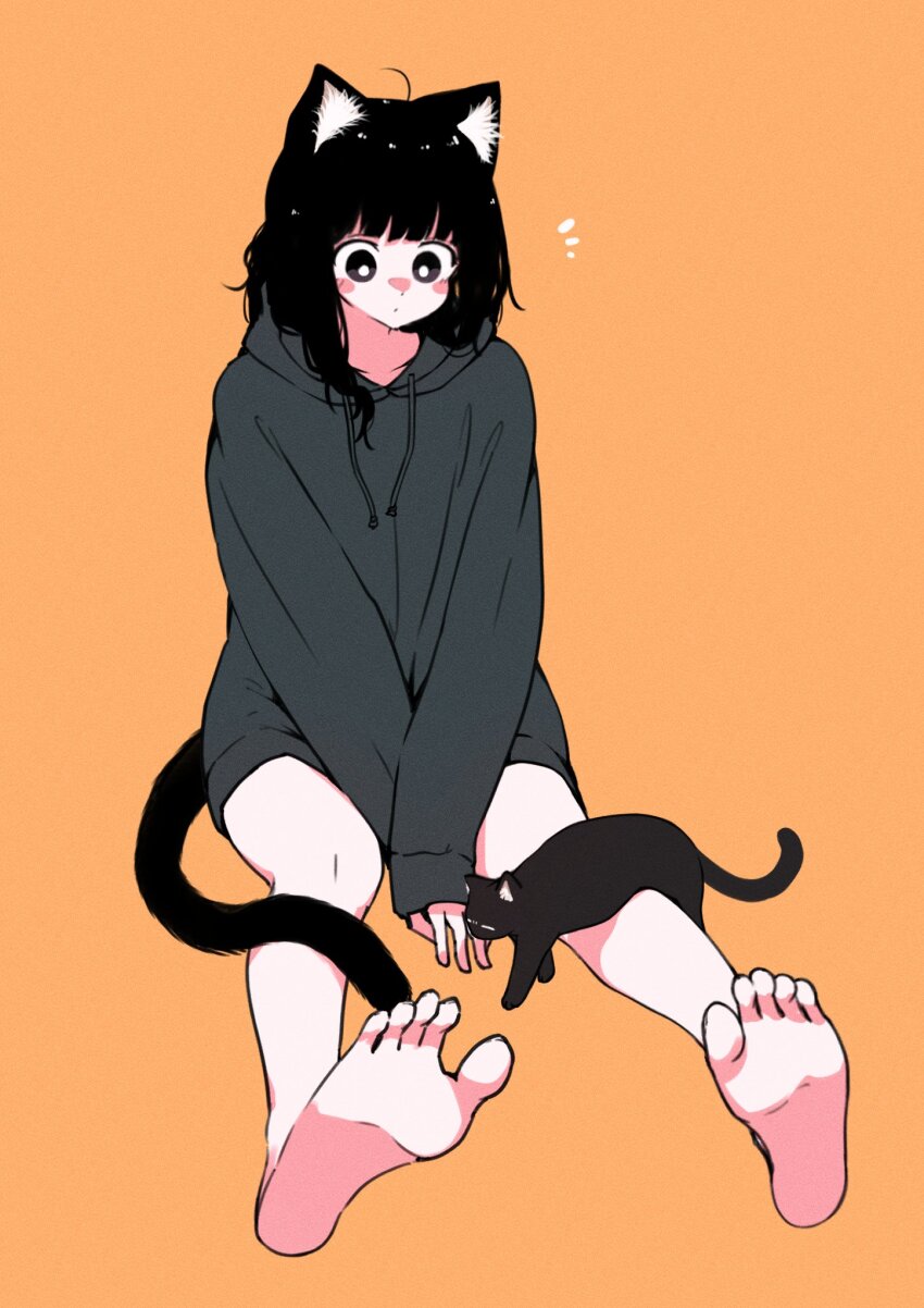 1girl, animal_ear_fluff, animal_ears, barefoot, between_legs, black_cat, black_hair, blush_stickers