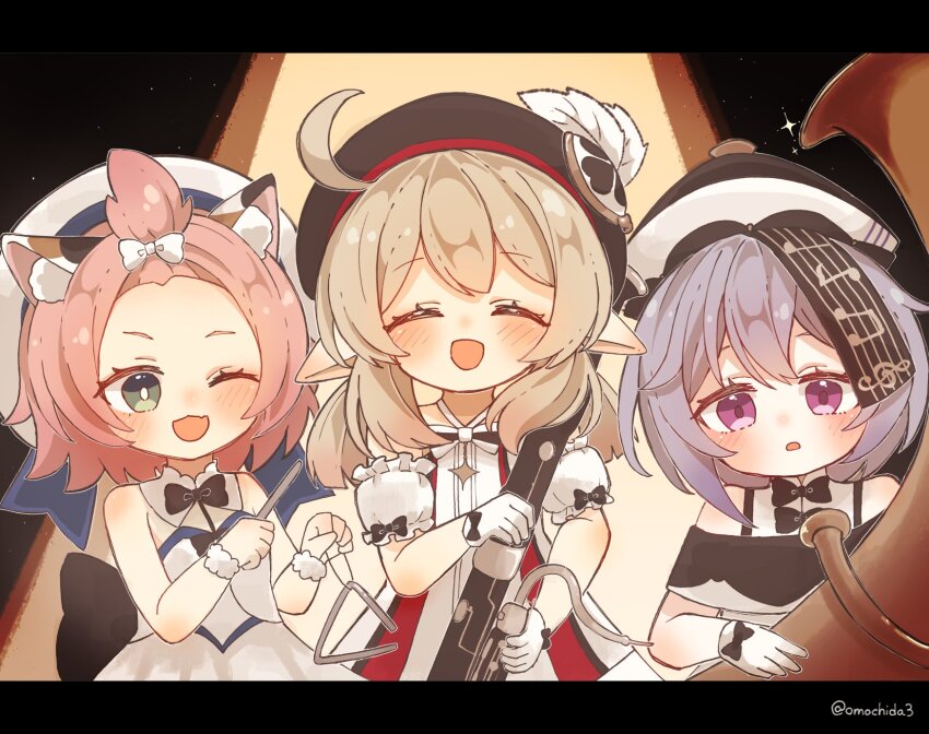3girls, :o, ;d, ^_^, ahoge, animal_ear_fluff, animal_ears, artist_name