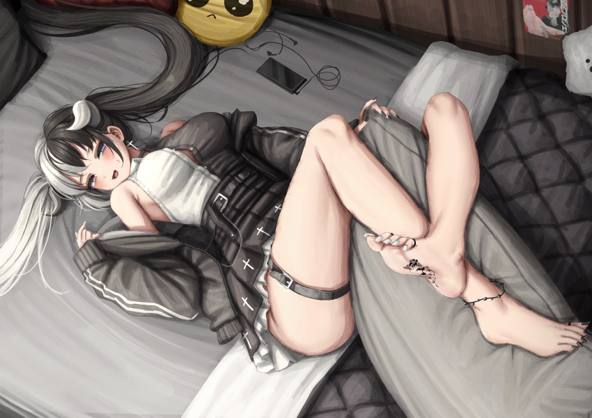 1girl, absurdres, anklet, bare_legs, barefoot, bed_sheet, between_legs, black_hair