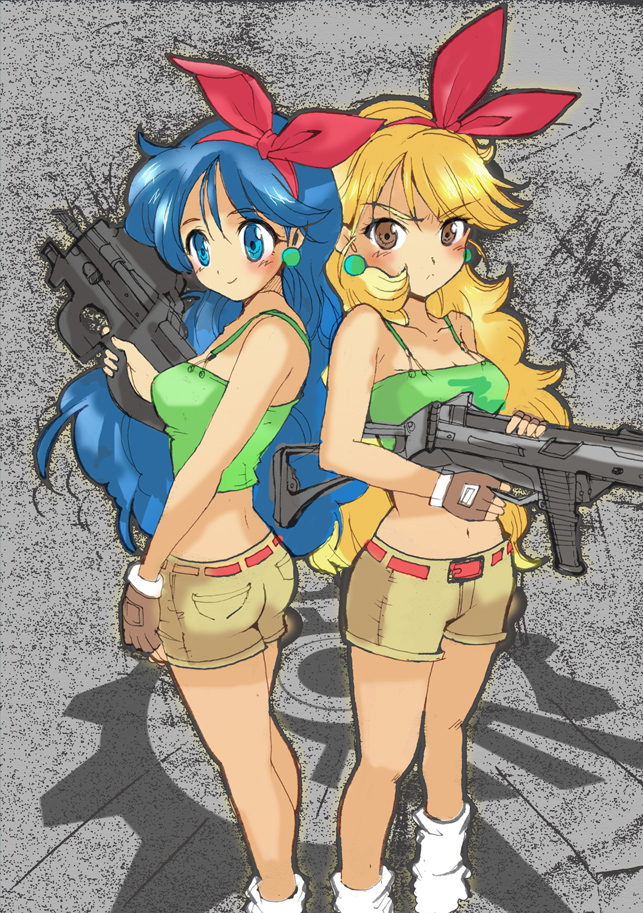 2girls, ass, belt, blonde_hair, blue_eyes, blue_hair, blush, brown_eyes, bullpup, crop_top, dragon_ball, dragonball_z, dual_persona, earrings, female_focus, fingerless_gloves, gloves, gun, h&amp;k_ump, hair_ribbon, hairband, heckler_&amp;_koch, jewelry, long_hair, looking_at_viewer, loose_socks, lunch_(bad)_(dragon_ball), lunch_(dragon_ball), lunch_(good)_(dragon_ball), midriff, multiple_girls, navel, p90, personal_defense_weapon, ribbon, shiawase_usagi, short_shorts, shorts, socks, submachine_gun, tank_top, weapon