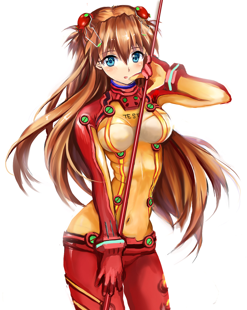 00s, 1girl, blue_eyes, blush, bodysuit, bracer, breasts, clothes_writing