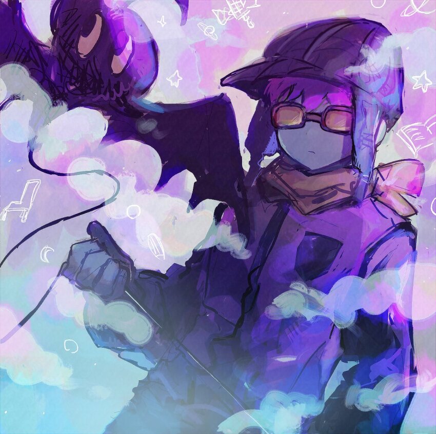 1boy, blue_gloves, blue_skin, brown_headwear, closed_mouth, coat, colored_skin, expressionless