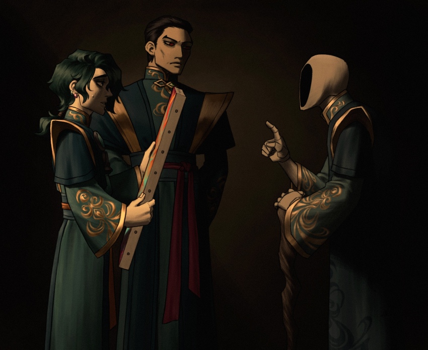 1other, 2boys, arms_behind_back, black_hair, closed_mouth, cowboy_shot, earrings, fingernails