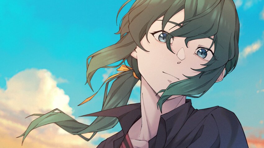 1girl, blue_eyes, cloud, dusk, green_hair, hair_ribbon, hauru_252, highres