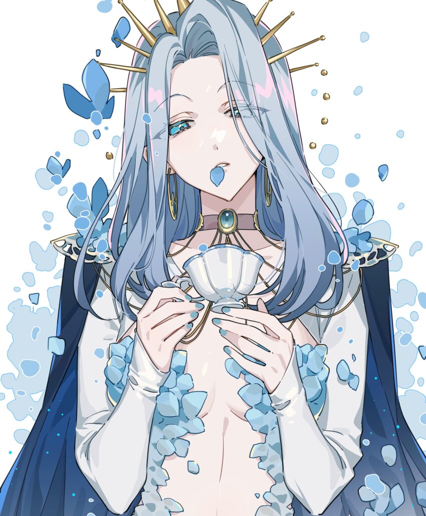 1girl, absurdres, blue_butterfly, blue_cape, blue_eyes, blue_hair, blue_nails, blue_scales, bug, butterfly, cape, choker, collarbone, cup, detached_sleeves, earrings, expressionless, eyes_visible_through_hair, gold_earrings, highres, holding, holding_cup, indie_virtual_youtuber, insect, jewelry, keita_kg85, long_hair, monarch_amalee, monarch_amalee_(1st_costume), petals, second-party_source, virtual_youtuber, white_sleeves