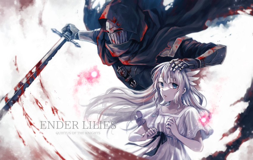 1boy, 1girl, armor, black_cloak, black_ribbon, blood, blood_on_arm, blood_on_clothes, bloody_weapon, blue_eyes, cloak, commentary_request, copyright_name, dress, ender_lilies_quietus_of_the_knights, floating_hair, full_armor, grey_hair, hand_on_another's_head, holding, holding_sword, holding_weapon, hood, hooded_cloak, jewelry, knight_captain_julius, lily_(ender_lilies), long_hair, necklace, pendant, ribbon, sorakaze_(mire), sword, weapon, white_dress