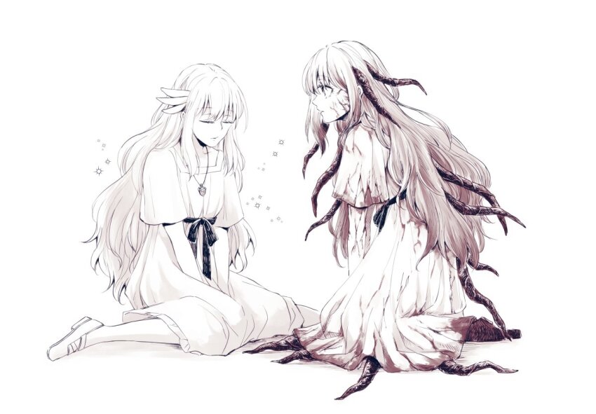 2girls, blood, blood_on_clothes, clone, closed_eyes, commentary_request, corruption, dress, ender_lilies_quietus_of_the_knights, expressionless, full_body, jewelry, lily_(ender_lilies), long_hair, looking_at_another, multiple_girls, necklace, parted_lips, pendant, simple_background, sitting, sorakaze_(mire), tendril, veins, white_background, white_dress, white_hair