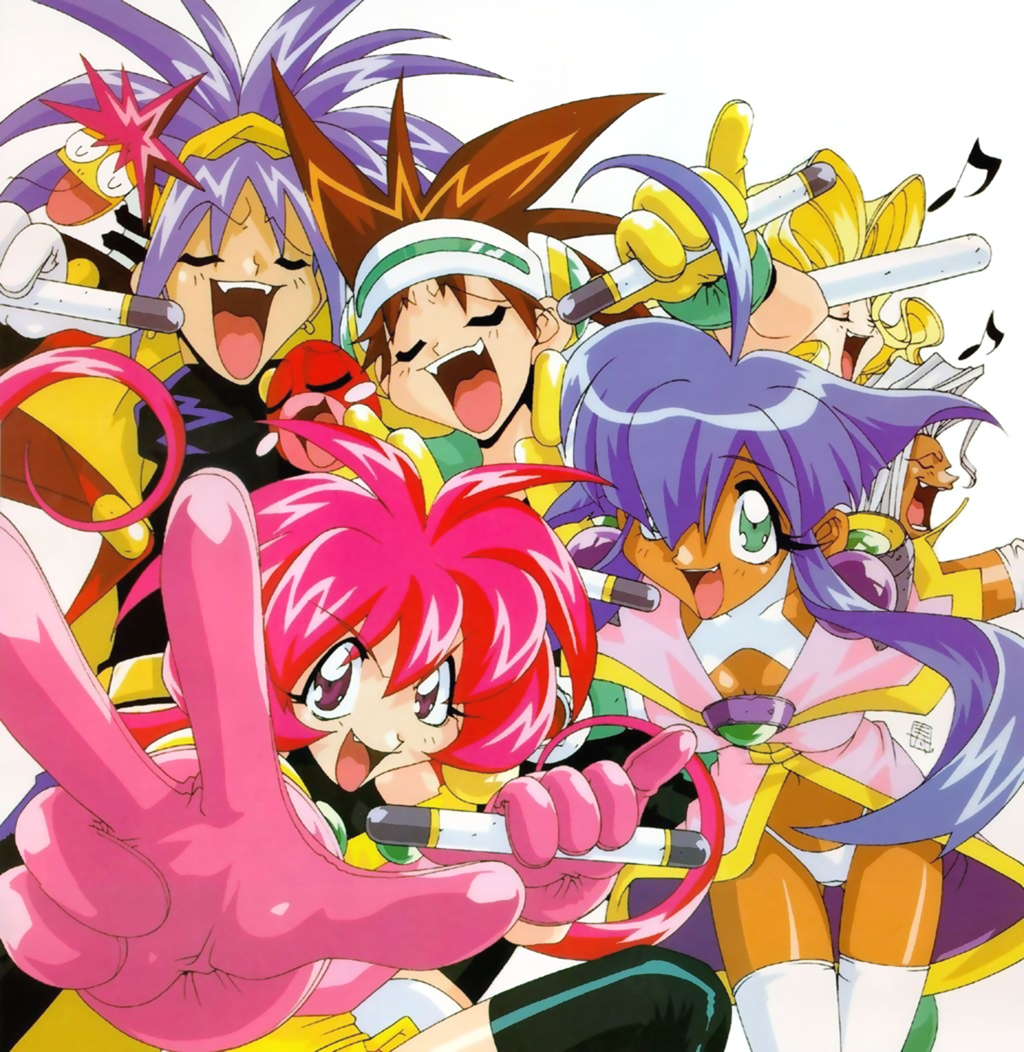 1990s_(style), 3boys, 3girls, baba_lemonade, blonde_hair, brown_hair, cacao_(lamune), cacao_(vs_knight_lamune_&amp;_40_fire), closed_eyes, da_cider, fang, gloves, green_eyes, heavy_meta-ko, kotobuki_tsukasa, long_hair, multiple_boys, multiple_girls, music, narcisst_dandy, ng_knight_lamune_&amp;_40, official_art, parfait_(lamune), parfait_(vs_knight_lamune_&amp;_40_fire), pheromone_lip, pink_hair, pq_(lamune), purple_hair, red_eyes, retro_artstyle, simple_background, singing, tan, thighhighs, vs_knight_lamune_&amp;_40_fire