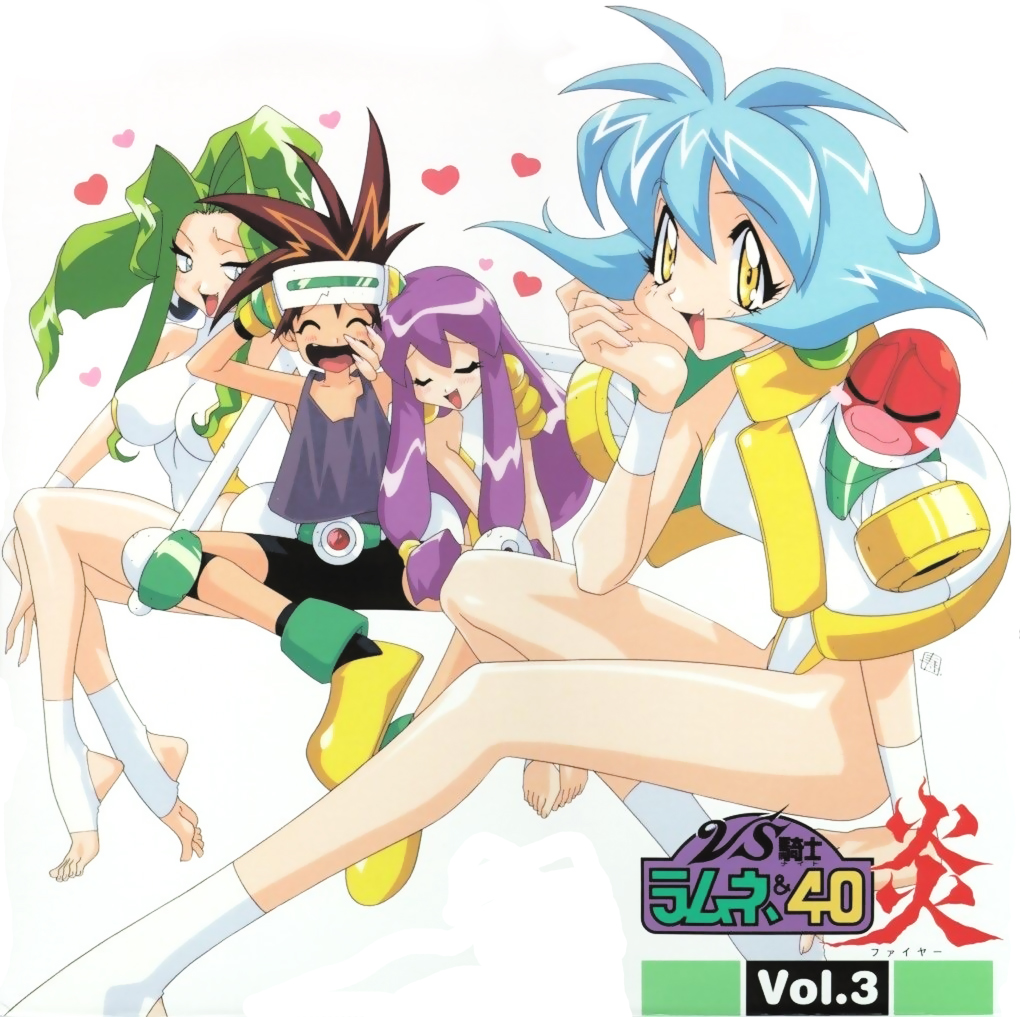 1990s_(style), 1boy, 3girls, baba_lemonade, blue_hair, breasts, brown_hair, cello_(lamune)