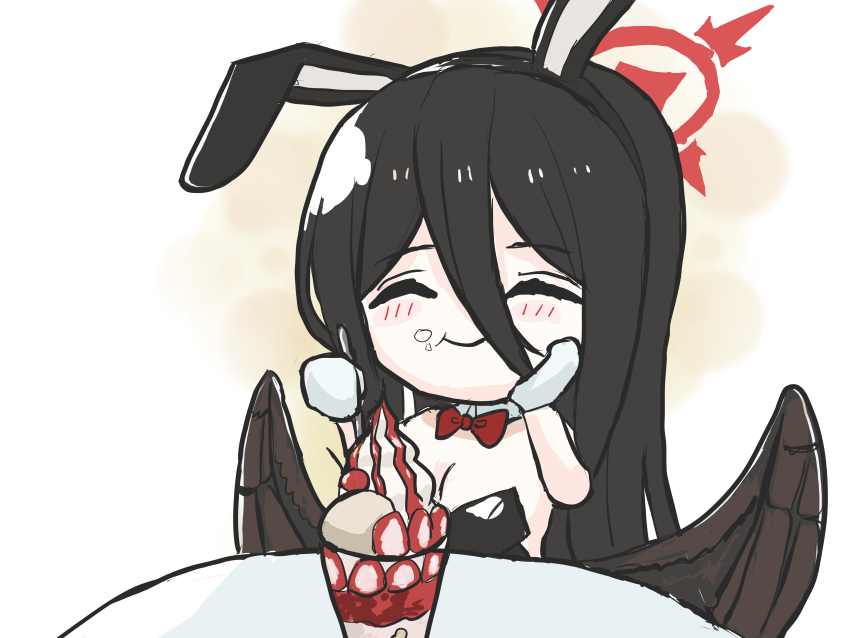 1girl, absurdres, alternate_costume, animal_ears, black_hair, blue_archive, eating, fake_animal_ears
