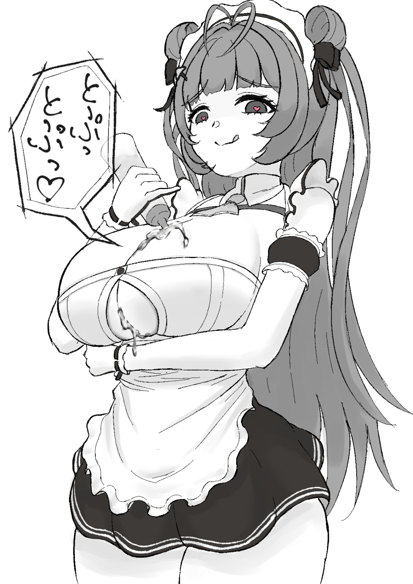 1girl, :q, antenna_hair, apron, arm_under_breasts, ascot, between_breasts, breasts, button_gap, cleavage, detached_collar, double_bun, frills, gloves, goddess_of_victory:_nikke, hair_bun, hair_ornament, hair_ribbon, hairclip, heart, heart-shaped_pupils, highres, holding, large_breasts, long_hair, maid, maid_apron, maid_headdress, monochrome, ribbon, skirt, sleeveless, soda_(nikke), solo, symbol-shaped_pupils, tongue, tongue_out, ushitoma