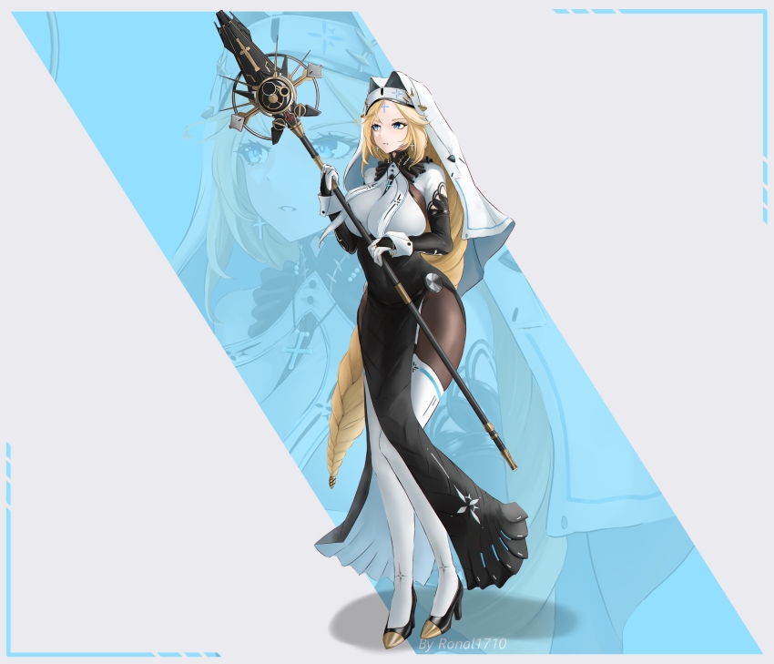 1girl, absurdres, artist_name, black_robe, blonde_hair, blue_eyes, bodystocking, braid, breasts, cross, cross_earrings, cross_necklace, cross_tattoo, earrings, facial_mark, forehead_mark, forehead_tattoo, full_body, goddess_of_victory:_nikke, habit, highres, holding, holding_weapon, huge_breasts, jewelry, legwear_garter, long_hair, necklace, nun, rapunzel_(nikke), robe, ronal_1710, solo, staff, tattoo, thighhighs, veil, very_long_hair, weapon, white_robe, white_thighhighs, white_veil, zoom_layer