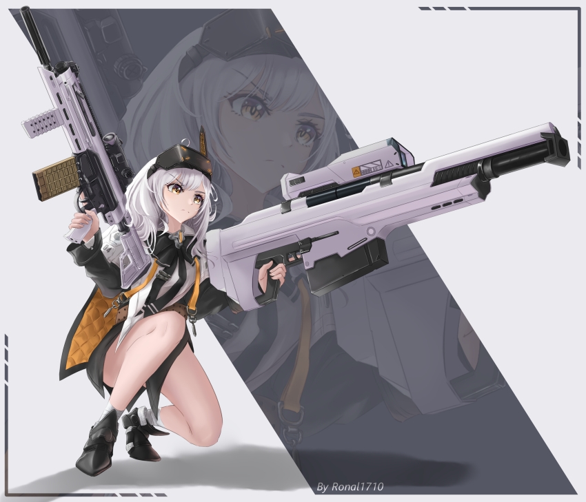 1girl, absurdres, anti-materiel_rifle, artist_name, assault_rifle, black_bow, black_bowtie, black_shirt