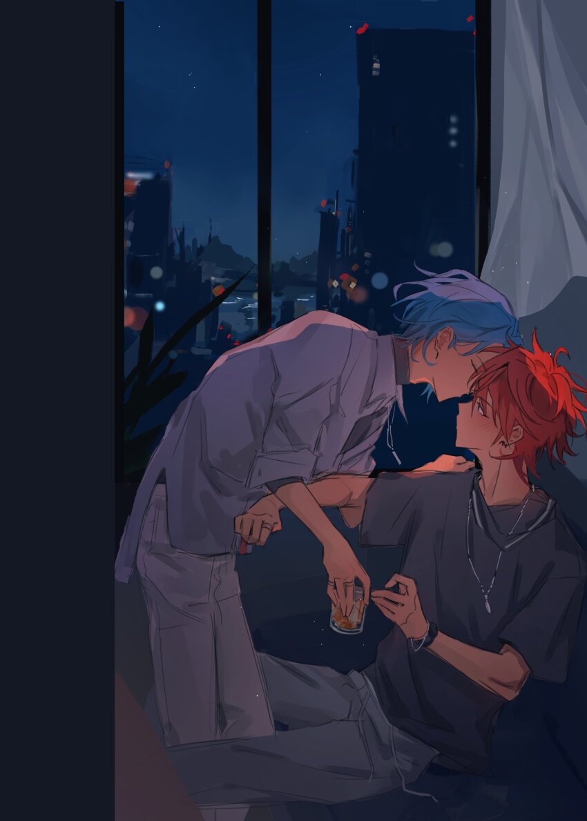 2boys, absurdres, amagi_rinne, black_shirt, blue_eyes, blue_hair, blush, cityscape, closed_eyes, closed_mouth, ensemble_stars!, facing_another, grey_pants, grey_shirt, highres, himeru_(ensemble_stars!), leaning_forward, looking_at_another, male_focus, multiple_boys, night, pants, red_hair, rhm_ooo, shirt, short_hair, short_sleeves, sky, white_pants, window, yaoi