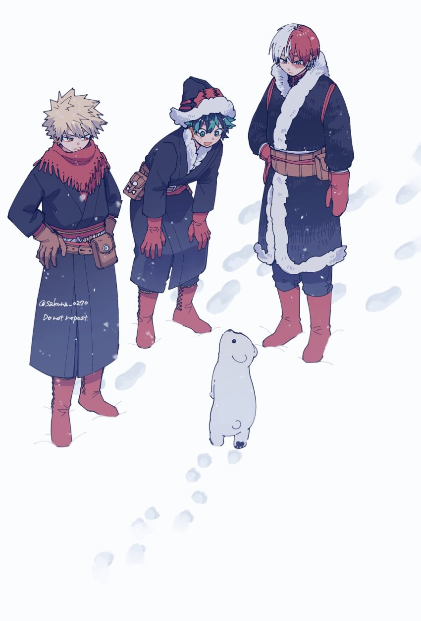 3boys, animal, bakugou_katsuki, bear, black_coat, black_headwear, black_pants, blonde_hair