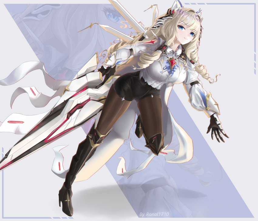 1girl, absurdres, armored_boots, armored_gloves, black_shorts, blonde_hair, boots, brown_pantyhose