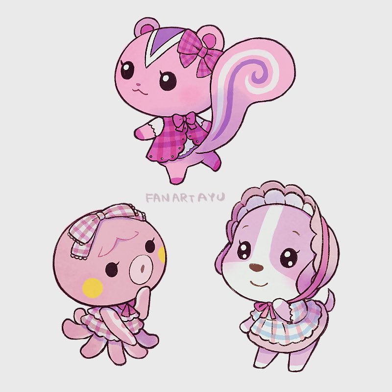 3girls, :3, :o, animal_crossing, artist_name, ayu_(mog), back_bow, black_eyes