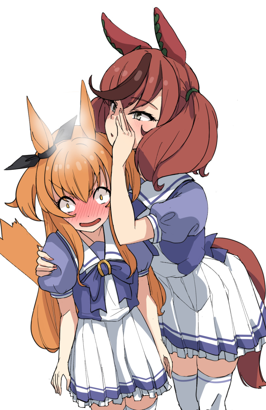 2girls, animal_ears, back_bow, black_bow, blowing_in_ear, blush, bow, brown_eyes