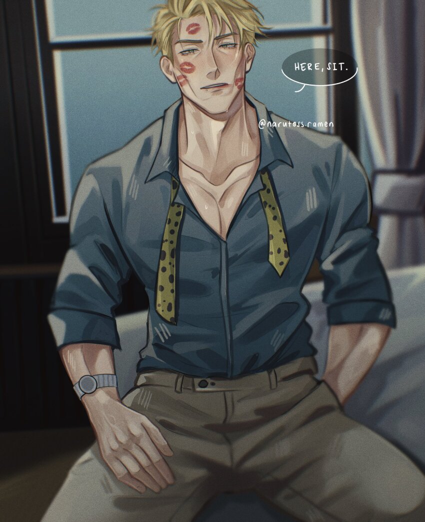 1boy, after_kiss, animal_print, blonde_hair, blue_shirt, collarbone, collared_shirt, cowboy_shot