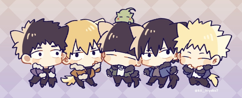 5boys, animal_ears, black_eyes, black_hair, black_pants, blonde_hair, brothers, cat_boy