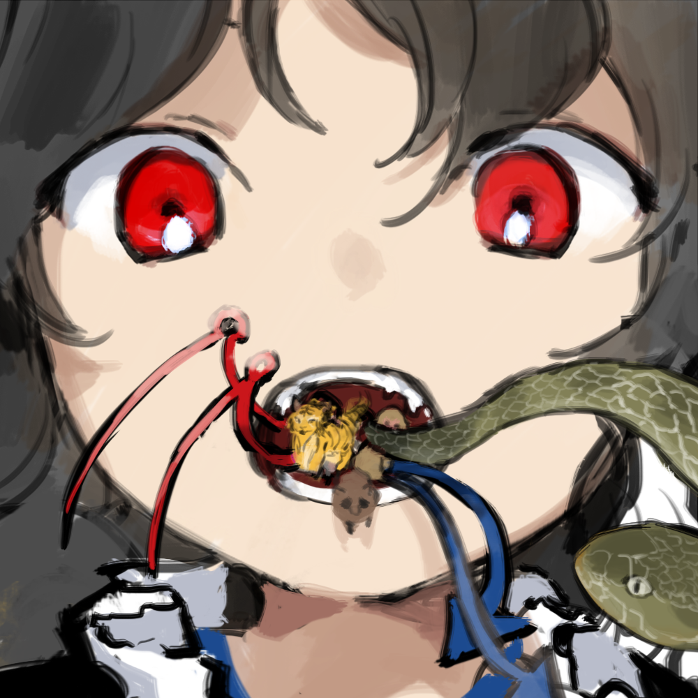 1girl, animalization, black_footwear, black_hair, eyes_visible_through_hair, frills, futatsuiwa_mamizou, futatsuiwa_mamizou_(tanuki)