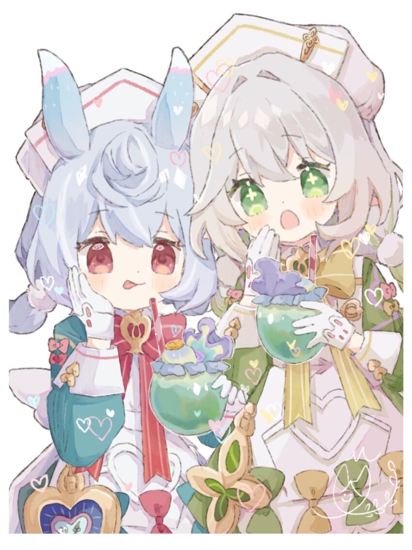 2girls, :o, :p, animal_ears, apron, aqua_bow, aqua_dress, blue_hair