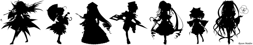 00s, 6+girls, ahoge, drill_hair, greyscale, hat, highres, hinaichigo, kanaria, kirakishou, long_hair, long_image, monochrome, mtyy, multiple_girls, rosa_mystica, rozen_maiden, scissors, shinku, silhouette, souseiseki, suigintou, suiseiseki, sword, twintails, umbrella, watering_can, weapon, wide_image, wings