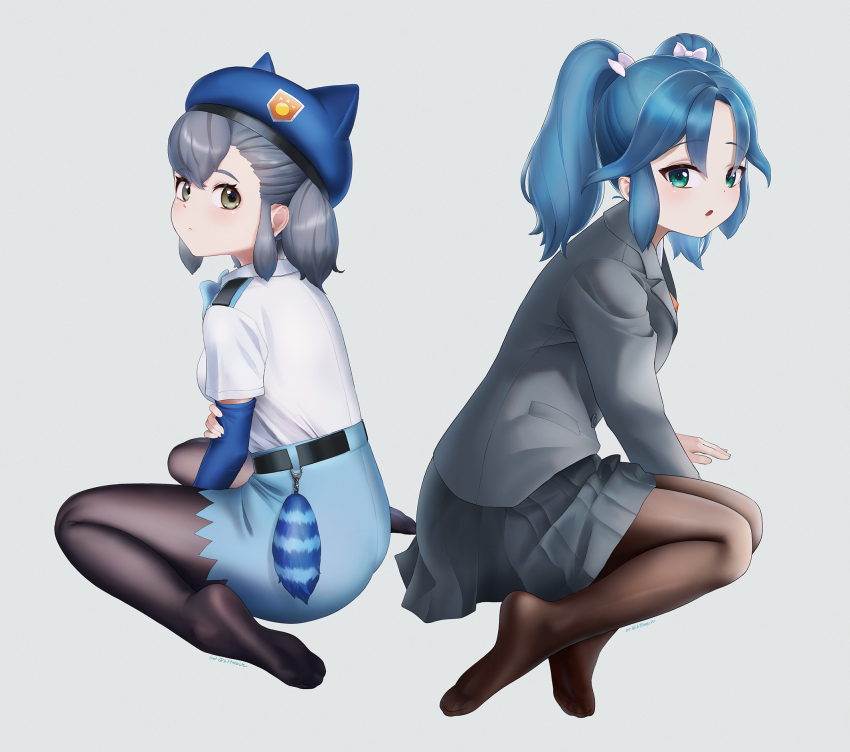 2girls, aged_down, alternate_costume, beleven, beret, black_pantyhose, blue_bow, blue_bowtie, blue_eyes, blue_hair, blue_hat, blue_skirt, blue_sleeves, blush, bow, bowtie, coat, collared_shirt, detached_sleeves, feet, green_eyes, grey_coat, grey_hair, grey_skirt, hair_bow, hat, high-waist_skirt, highres, hikari_(kemono_friends), kako_(kemono_friends), kemono_friends, kemono_friends_3, legs, long_sleeves, looking_at_viewer, looking_back, multiple_girls, no_shoes, pantyhose, pleated_skirt, school_uniform, shirt, short_hair, short_sleeves, short_twintails, sidelocks, sitting, skirt, soles, solo, toes, twintails, wariza, white_bow, white_shirt, yokozuwari