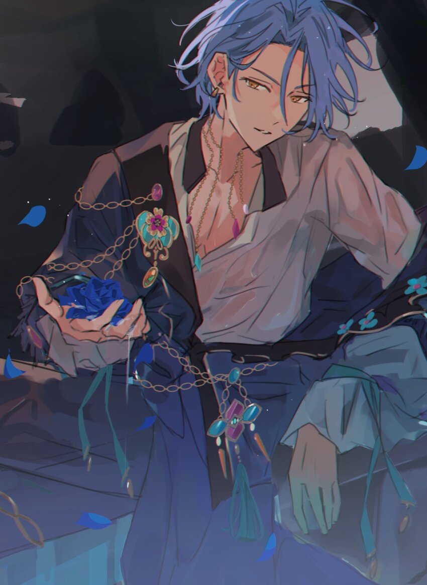 1boy, black_background, blue_flower, blue_hair, blue_jacket, blue_pants, blue_rose, earrings